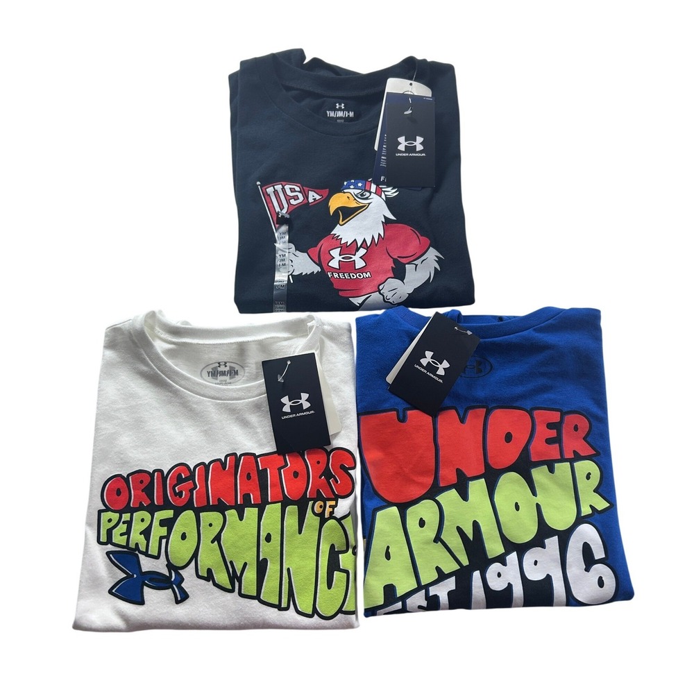 Under Armour Boys T-Shirt USA‎ Freedom Eagle & Cartoon Letters Size YM New LOT 3